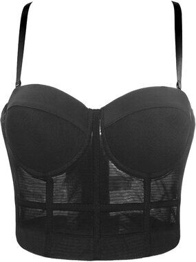 Women's Black Lace Mesh Rhinestone Diamond Bra Push Up Bustier Corset Crop Top